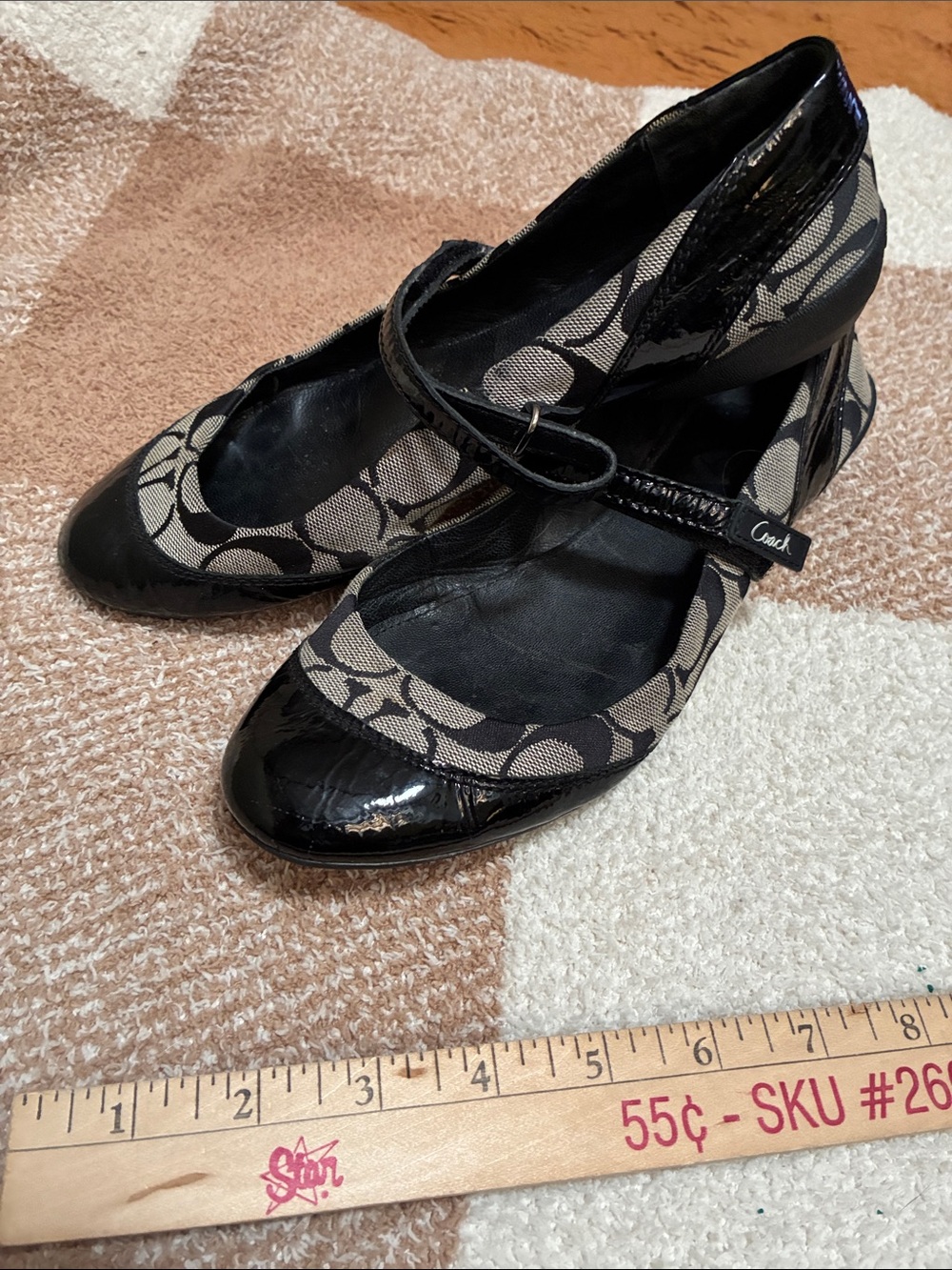 Coach Black Patent & Beige Signature Canvas Mary Jane Flats - Picture 14 of 14